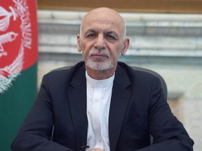 Afghanistan's President Ashraf Ghani addresses the nation in a message in Kabul, Afghanistan on Aug. 14, 2021.