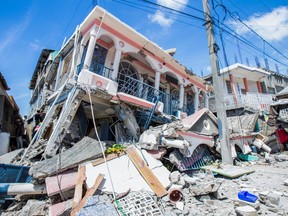 A view shows houses destroyed following a 7.2 magnitude earthquake in Les Cayes, Haiti on Aug. 14, 2021.