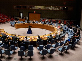 United Nations Secretary-General António Guterres and others gather for a UN security council meeting on Afghanistan on Aug. 16, 2021 at the United Nations in New York.