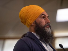 NDP leader Jagmeet Singh speaks to the media at a press conference in Cowessess, Sask, August 20, 2021. - Jagmeet Singh, who heads the New Democratic Party (NDP), is one of Trudeau's rival and could win votes for the Liberals among young and urban voters in the 20th of September General election.