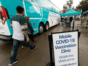 A mobile COVID-19 vaccination clinic in Edmonton.