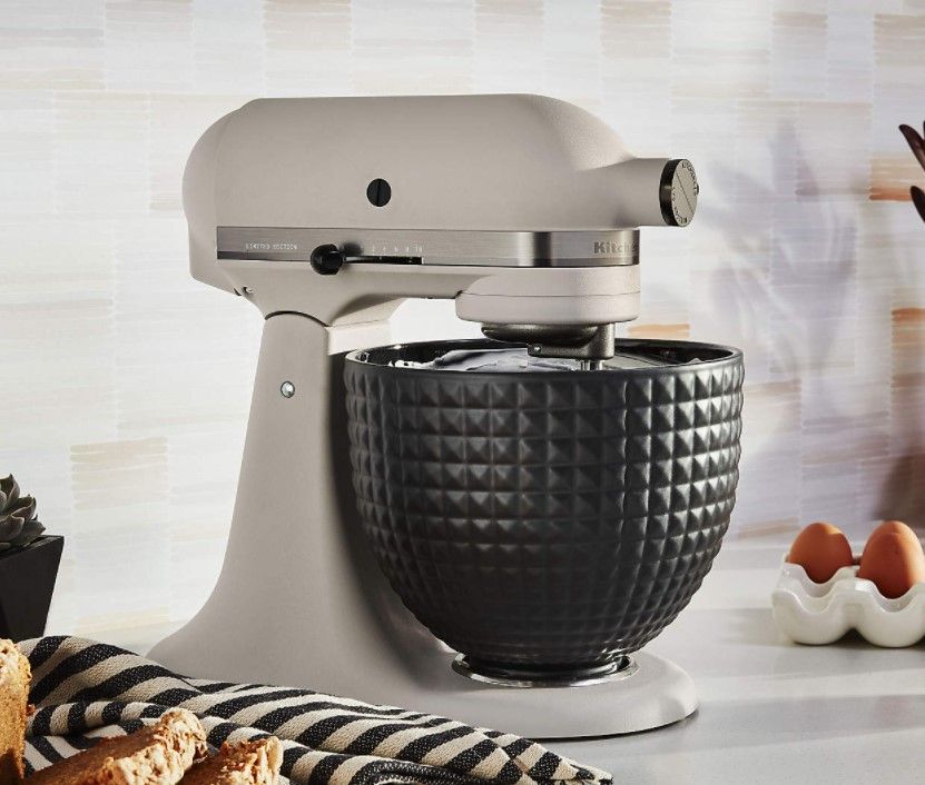 KitchenAid Artisan 5 qt Stand Mixer with the Mermaid Lace ceramic bowl.