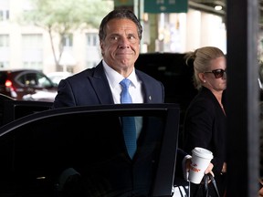 New York Gov. Andrew Cuomo prepares to depart in his helicopter after announcing his resignation in Manhattan on Aug. 10, 2021.