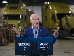 Conservative Party Leader Erin O’Toole makes a transportation announcement at a trucking company while campaigning in Winnipeg, Friday, Aug. 20, 2021.