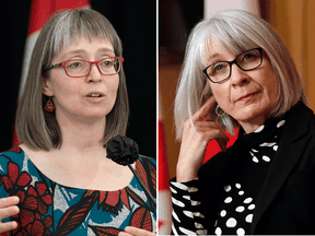 Alberta’s chief medical officer of health Dr. Deena Hinshaw, left, and federal health minister Patty Hajdu.