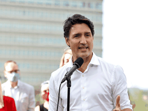 Liberal Leaer Justin Trudeau speaks during a campaign stop in Sudbury on August 31, 2021.