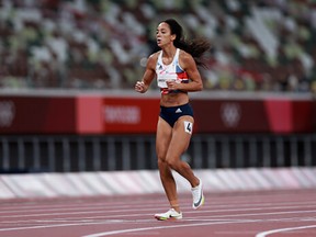 Tokyo 2020 Olympics - Athletics - Women's 200m - Heptathlon 200m - Olympic Stadium, Tokyo, Japan - August 4, 2021. Katarina Johnson-Thompson of Britain in action after sustaining an injury during Heat 1