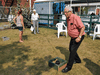 Bloc Québécois MP Louis Plamondon plays a game of “washer” with constituents at a seniors centre in his riding in Sorel-Tracy, Que.