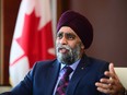 Minister of National Defence Harjit Sajjan takes part in a year-end interview with The Canadian Press at National Defence Headquarters in Ottawa on Thursday, Dec. 17, 2020.