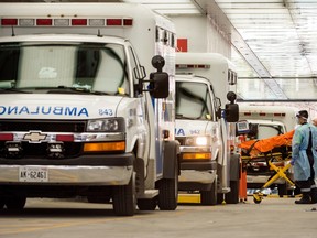 Ambulances lined up at Mt. Sinai Hospital in Toronto during the pandemic.