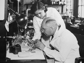 Frances Oldham Kelsey, is shown working in the lab in the mid to late 1930s with Dr. E.M.K. Geiling. She would later become instrumental in barring Thalidomide from the U.S. market.