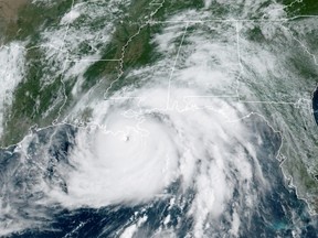 A satellite image shows Hurricane Ida in the Gulf of Mexico and approaching the coast of Louisiana on Aug. 29.