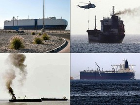 A combination of photos shows, clockwise from top left:  the Israeli-owned Bahamian-flagged MV Helios Ray cargo ship docked in Dubai's Port Rashid on Feb. 28, 2021; an image released by the U.S. Central Command on Aug. 13, 2020, reportedly showing Iranian forces in a helicopter boarding a tanker in international waters in the Gulf of Oman; 
 a May 13, 2019, photo of Saudi oil tanker Amjad, which was one of two tankers damaged in mysterious "sabotage attacks" off the coast of the Gulf emirate of Fujairah; and a photo released by the official Syrian Arab News Agency on May 9, 2021, of a burning oil tanker in the Mediterranean off the Syrian coast. On July 30, an armed drone attacked the Mercer Street oil tanker off the coast of Oman, killing two crew members. Iran has been blamed for that attack and others.