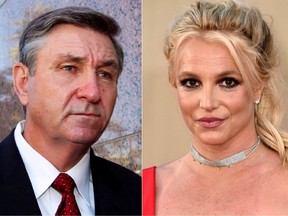This combination photo shows Jamie Spears, father of singer Britney Spears, leaving the Stanley Mosk Courthouse in Los Angeles on Oct. 24, 2012, left, and singer Britney Spears at the Los Angeles premiere of 'Once Upon a Time in Hollywood' on July 22, 2019.