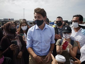 Justin Trudeau, Canada's prime minister, greets supporters during a campaign stop in Richmond Hill, Ontario, Canada, on Friday, Aug. 27, 2021.