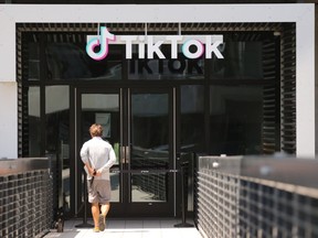 The TikTok logo is displayed in front of a TikTok office on August 27, 2020 in Culver City, California.