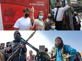 Top: Liberal Leader Justin Trudeau, right, and his family wave to supporters while boarding his campaign bus in Ottawa on Aug. 15. Bottom: Taliban fighters sit over a vehicle on a street in Laghman province on Aug. 15.