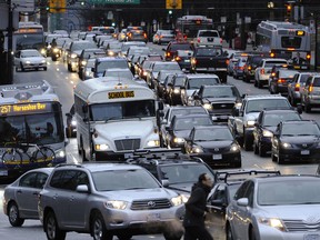January 29, 2014: Just another night for rush hour as hundreds of cars make their way north along downtown Vancouver's Georgia street