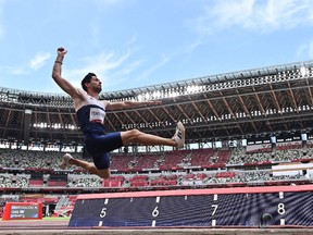Greece's Miltiadis Tentoglou competes in the men's long jump final during the Tokyo 2020 Olympic Games at the Olympic Stadium in Tokyo on August 2, 2021.