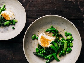 Fresh ricotta with bottarga, peas, broad beans and asparagus from How Wild Things Are