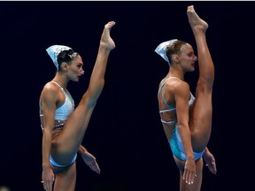 Maria Alzigkouzi Kominea and Evangelia Papazoglou of Team Greece compete in the Artistic Swimming Duet Free Routine Preliminary on day ten of the Tokyo 2020 Olympic Games.