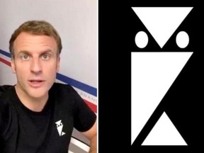 Macron's simple black shirt with an obscure white logo has triggered conspiracy theorists around the world.