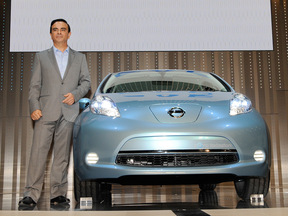 The Nissan Leaf is unveiled in 2009 by Nissan CEO Carlos Ghosn. The early model electric vehicle  is now at the forefront of battery replacement issues among owners.