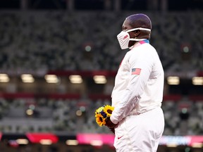 TOKYO, JAPAN - AUGUST 01: Raven Saunders of Team United States celebrates with her silver medal during the medal ceremony for the Women's Shot Put on day nine of the Tokyo 2020 Olympic Games at Olympic Stadium on August 01, 2021 in Tokyo, Japan.