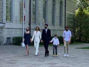 Prime Minister Justin Trudeau and his family arrive at Rideau Hall, in Ottawa, on Aug. 15, 2021.
