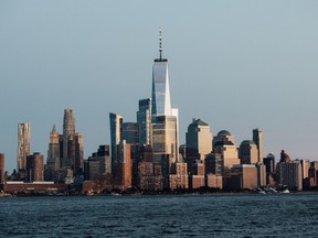 One World Trade Center, center, in lower Manhattan from Hoboken, New Jersey, U.S., on Saturday, Sept. 4, 2021. This September 11 marks the 20th commemoration of the attack on the World Trade Center in New York City, killing 2,753 people.