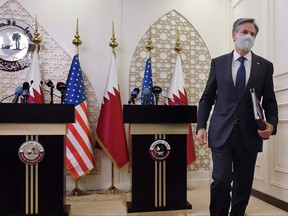 U.S. Secretary of State Antony Blinken leaves after a joint news conference at the Ministry of Foreign Affairs in Doha, Qatar Sept. 7, 2021.