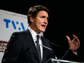 Liberal leader Justin Trudeau holds a press conference at TVA following the Face-a-Face 2021 french debate in Montreal, Quebec on September 2, 2021.