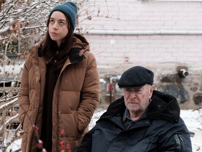 Rolling your eyes and crossing your t's: Aubrey Plaza and Michael Caine in Best Sellers.