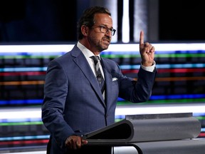 Bloc Quebecois Leader Yves-Francois Blanchet during the election English-language Leaders debate. (Photo by Justin Tang / AFP)