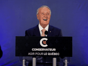 Former Prime Minister Brian Mulroney speaks at a campaign event with Conservative Leader Erin O'Toole in Orford, Quebec, on September 15, 2021.