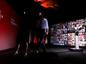 Prime Minister Justin Trudeau and Canada's Deputy Prime Minister and Minister of Finance Chrystia Freeland leave after Trudeau's election campaign at the Metro Toronto Convention Centre in Toronto on Sept. 1.