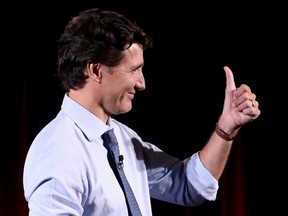 Canada's Liberal Prime Minister Justin Trudeau gives a thumb-up at the Metro Toronto Convention Centre during his election campaign tour in Toronto, Ontario, Canada, September 1, 2021.
