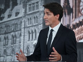 Justin Trudeau attends the "Face-a-Face 2021" French language election debate at TVA studios in Montreal September 2, 2021.