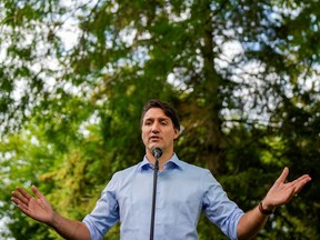 Canada's Prime Minister Justin Trudeau speaks during his election campaign tour in Mississauga, Ontario, Canada September 11, 2021.