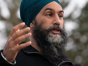 NDP leader Jagmeet Singh delivers his morning announcement in Saskatoon, Sask., on Friday.