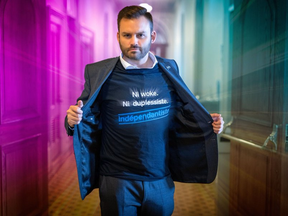 An actual photo that Parti Quebecois leader Paul St-Pierre Plamondon posted to his Twitter on Wednesday. His shirt reads "Not woke. Not Duplessiste. Separatist." The Duplessiste part references former Quebec strongman Maurice Duplessis, the province's extremely traditionalist and socially conservative premier during the 1940s and 1950s.