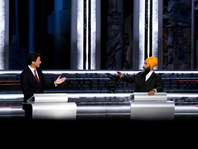 Liberal Leader Justin Trudeau and NDP Leader Jagmeet Singh at the federal election English-language Leaders debate in Gatineau, Quebec on September 9, 2021.