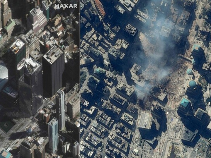  This combination of satellite images courtesy of MAXAR, created on September 09, 2021, shows “Freedom Tower” (R) with the National 9/11 Memorial & Museum in New York City on April 6, 202, and Ground Zero on September 15, 2001 following the attach on the World Trade Center’ Twin Towers.