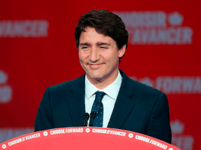 Prime Minister Justin Trudeau gives his victory speech at Liberal campaign headquarters in Montreal, early Tuesday, Sept. 21, 2021.