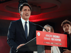 Liberal Party Leader Justin Trudeau delivers his victory speech at election headquarters in Montreal, on September 20, 2021.