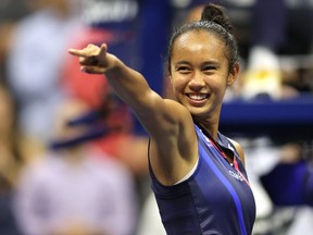 Leylah Annie Fernandez celebrates defeating Aryna Sabalenka of Belarus during her Women’s Singles semifinals match at the 2021 US Open . Photo by Elsa/Getty Images