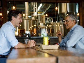 Justin Trudeau and former U.S. President Barack Obama meet at Big Rig brewery in Kanata, Ontario, on May 31, 2019. (Adam Scott/Prime Minister's Office/Handout )