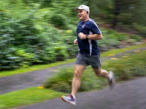 Conservative Leader Erin O'Toole goes for his morning run in Ottawa on Sept. 8, 2021. Canadians will vote in a federal election on Sept. 20.