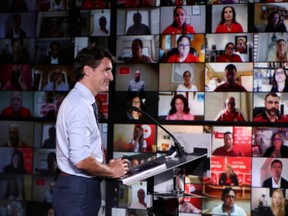 Canada's Liberal Prime Minister Justin Trudeau looks on as he delivers a speech at the Metro Toronto Convention Centre during his election campaign tour in Toronto, Ontario, Canada, September 1, 2021.