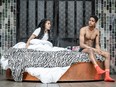 Rebekah Murrell as Juliet and Alfred Enoch as Romeo in the Globe theatre's production of Romeo and Juliet. Theatre management has issued "trigger warnings" about the Shakespearean tragedy.